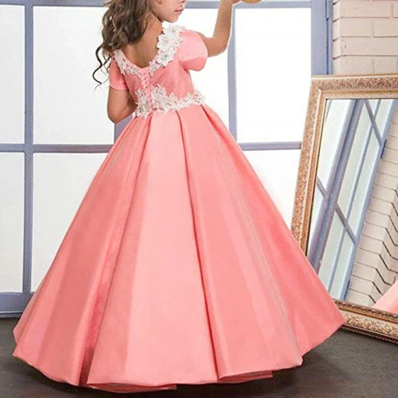 Długie aplikacje sukienki dla dziewczynek na wesela druhna impreza pierwsza komunia z krótkim rękawem korowód suknie na bal maturalny z kieszeniami