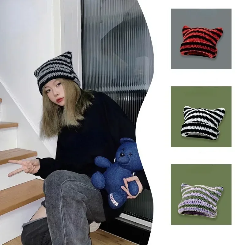 Nowa japońska czapka uliczna Harajuku Little Devil Striped Knitted Hat Women Girls Autumn Winter Cute Cat Ears Cap