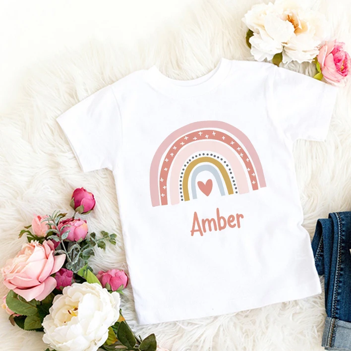 Personalised Kids T-shirt Floral Rainbow Kids Name Tshirt Custom Girl Shirt Rainbow Name Personalised Tshirt Christmas Gift