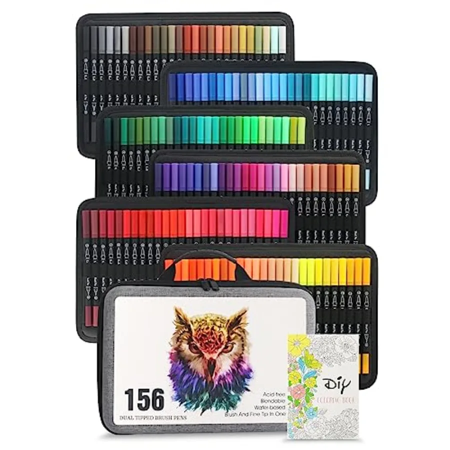 

Цветные маркеры с двумя наконечниками: тонкий и кистевой, для раскрасок для взрослых, не просачиваются, цветные ручки для рисования