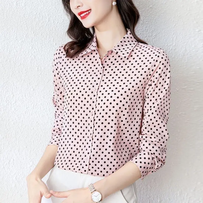 Office Lady Polka Dot Printed Shirt Spring Summer Long Sleeve Korean Single-breasted Female Clothing Casual Polo-Neck Blouse New