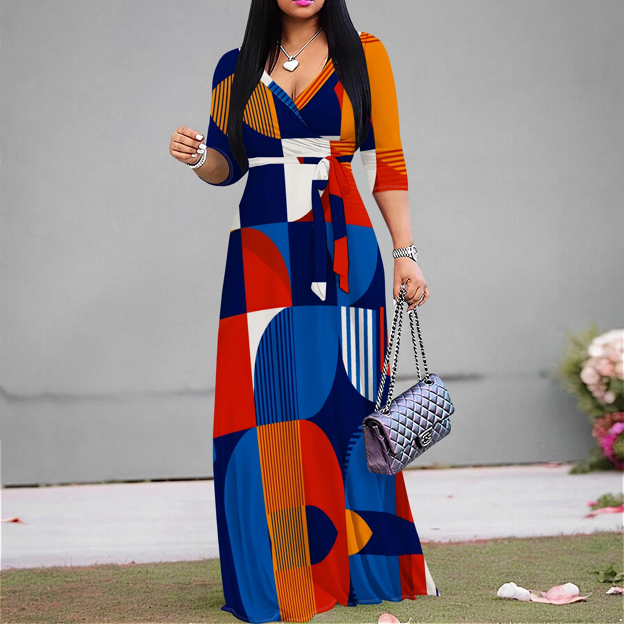 

Women's Casual Geometric Print Maxi Dress V-Neck Half Sleeve High Waist Long Dress with Belt XS-3XL