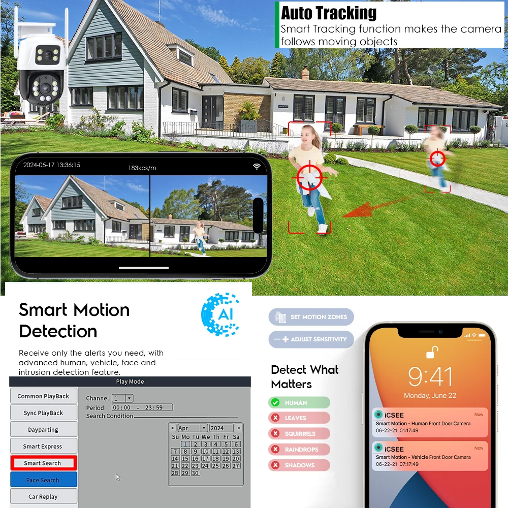 PTZ WiFi Dual Lens Camera com Tela Dupla, AI Human Detect, Auto Tracking, Câmera de Vigilância Sem Fio, iCSee App, 4K, 8MP