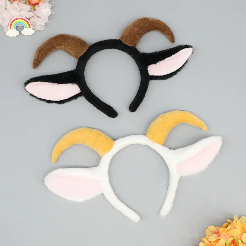 Cute Lolita Plush Long Horn Lamb Headbands Cosplay Kawaii Animal Costumes Props Black Goat Ears Headdress Fox Hair Accessories