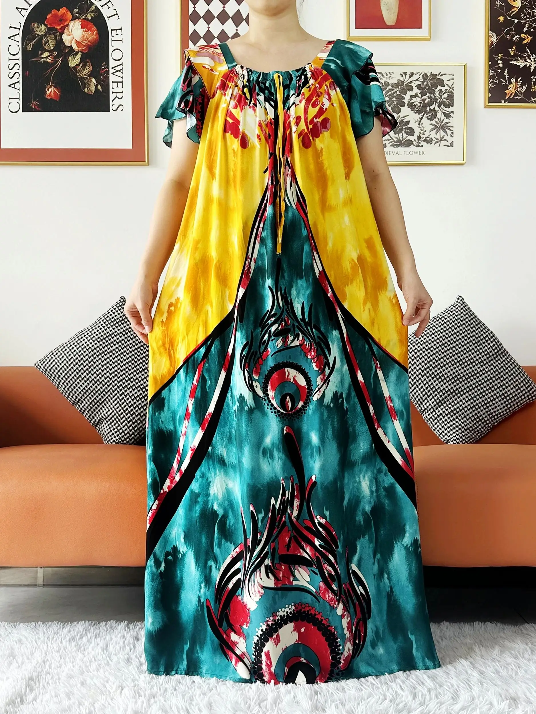 2024 Nowa muzułmańska abaja dla kobiet Boat Neck African Cotton Maxi Printed Loose Floral Boubou Maxi Islam Women Short Sleeve Abaya