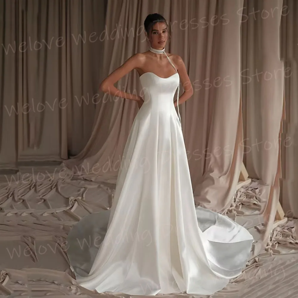 Elegant Simple A Line Women's Charming Sleeveless Satin Wedding Dresses Robe De Mariée Customized Bride Gowns Vestido De Novia