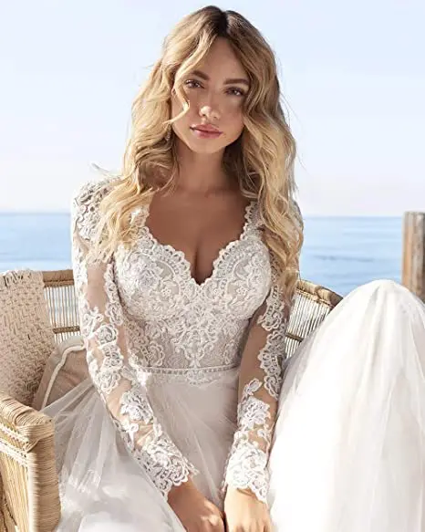 Personalizado uma linha vestidos de casamento feminino mangas compridas com decote em v vestidos de noiva apliques sem costas tribunal trem robe de mariée vestidos