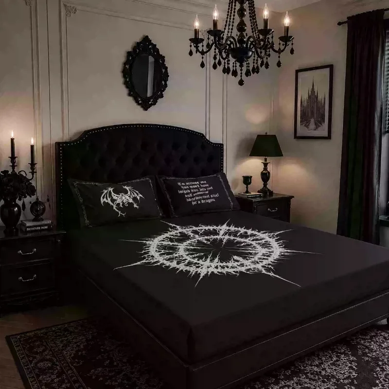 Gothic Dark Thorn Cross Bedding Set 4‑Pcs Punk Style Duvet Cover Bed Sheet Pillowcase Soft Plush Home Textile for Bedroom Dorm