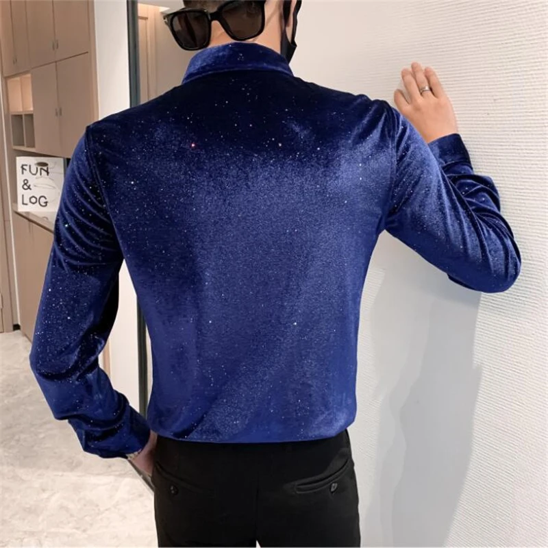 Gypsophila Sequin Print Fashion Slim Luxury Long Sleeve Shirt Men Summer High Quality Velour Smooth Comfortable Camisa Masculina