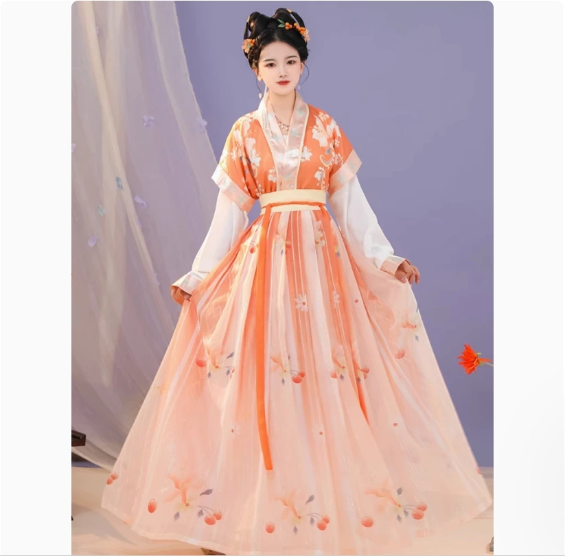 زي Hanfu النسائي القديم على الطراز الصيني، تنورة بطول الخصر ذات الياقة المتقاطعة للارتداء اليومي في الصيف