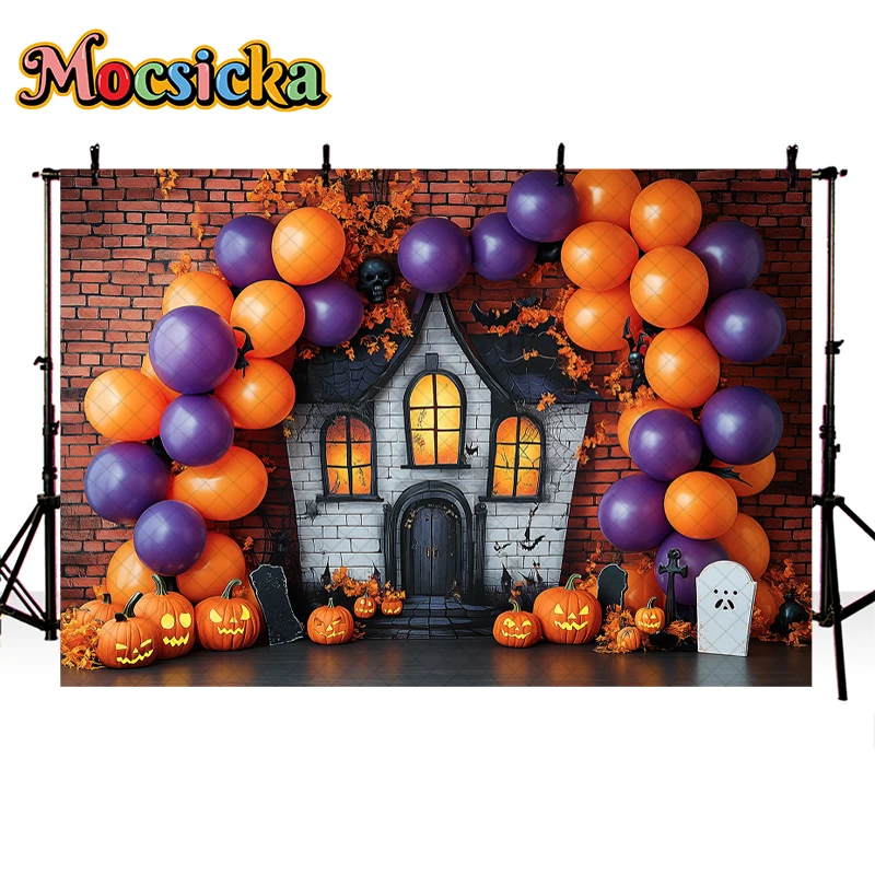 Mocsicka Halloween Backdrops Pumpkin Lantern Evening House Kids Photography Props Cemetery Moon Child Adult Festival Background