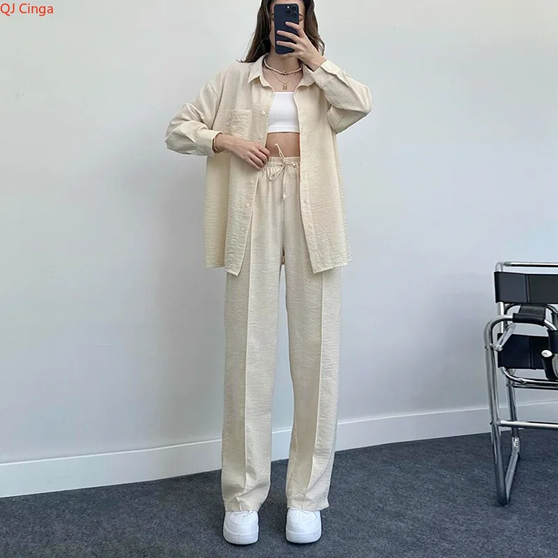 New Autumn Red Women Casual Two-piece Set, Features A Thin Long-sleeved Lapel Shirt Paired with Matching Drawstring Trousers.