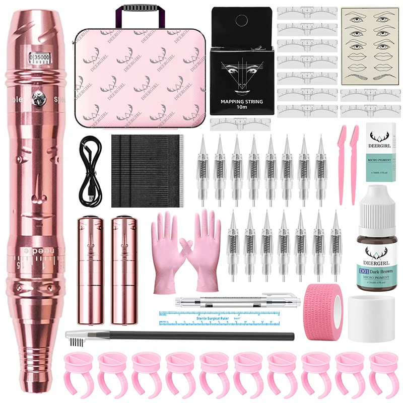 Deergirl Permanent Makeup Machine Kit Adjustable 0-2.5MM Needle Length 28000-35000RPM Speed Wireless Microblading Eyebrow Pencil