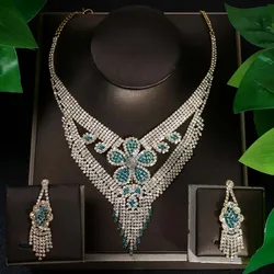 Charming Blue Crystal Flower Jewelry Set Nigeria Jewelry for Women Luxury Gift Tassel Necklace Earring Set for Bridal Adjustable