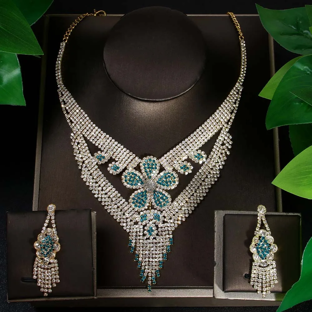 Charming Blue Crystal Flower Jewelry Set Nigeria Jewelry for Women Luxury Gift Tassel Necklace Earring Set for Bridal Adjustable
