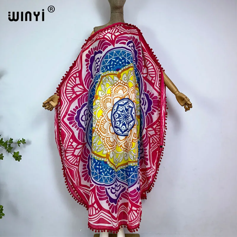 WINYI summer comfortable Sexy perspective beach dress Elegant  evening tassels dress Women Print abaya Female circular kaftan