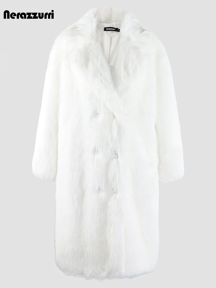 Nerazzurri-Manteau d\'Hiver en Fausse Fourrure pour Femme, Long Respiré, Optique Blanche, Chaud, Doux, Moelleux, Double Boutonnage, Mode Coréenne