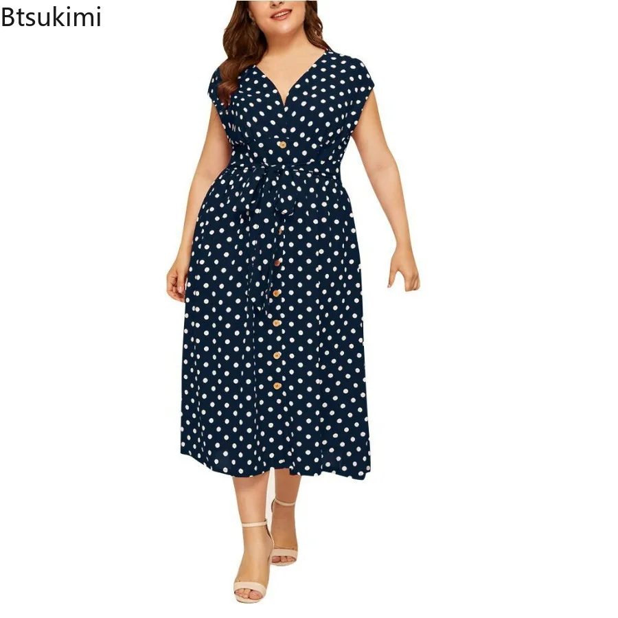 New 2024 Women's Oversized Polka Dot Print Dress with Button Oversized Slim Fit Evening Party Club Beach Dress Female Maxi Dress