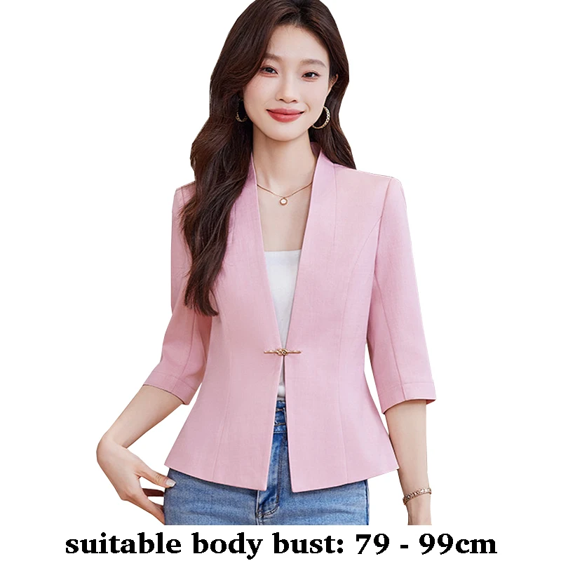 High quality women blazer three quarter sleeve slim jacket V neck autumn spring 2025 elegant office clothes pink black beige