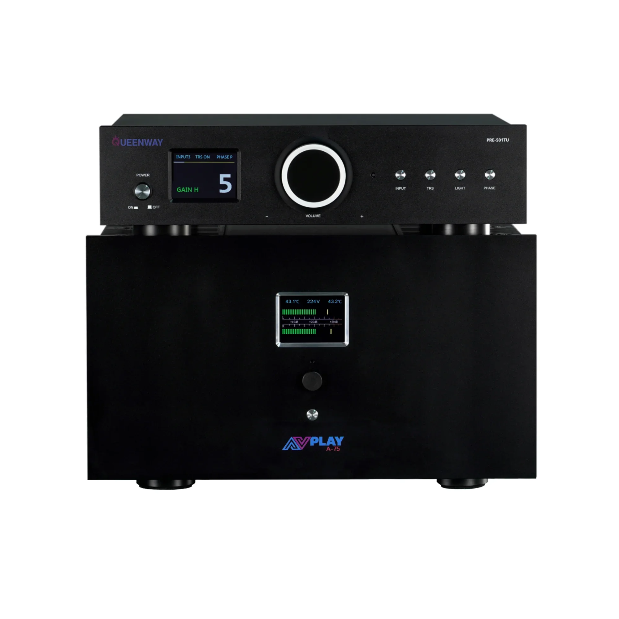 Combinations AVplay A-75 HIFI Class A Power Amp Amplifier LCD Display Bridge +Queenway PRE-501TU 12AU7/ECC82*4 Tube Preamp