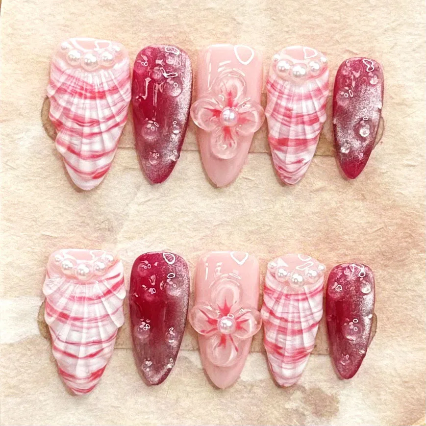 

10pcs Handmade Press on Nails Ins 3D Flower Shell Design False Nail Full Cover Wearable Pink Cat Eye French Almond Fake Nails