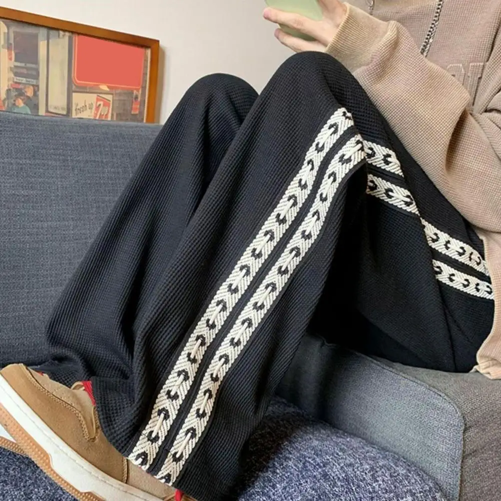 High Street Casual Trousers Drawstring Elastic Waist Waffle Grid Trendy All-Match Spring Sweatpants Straight Tube Male Trousers