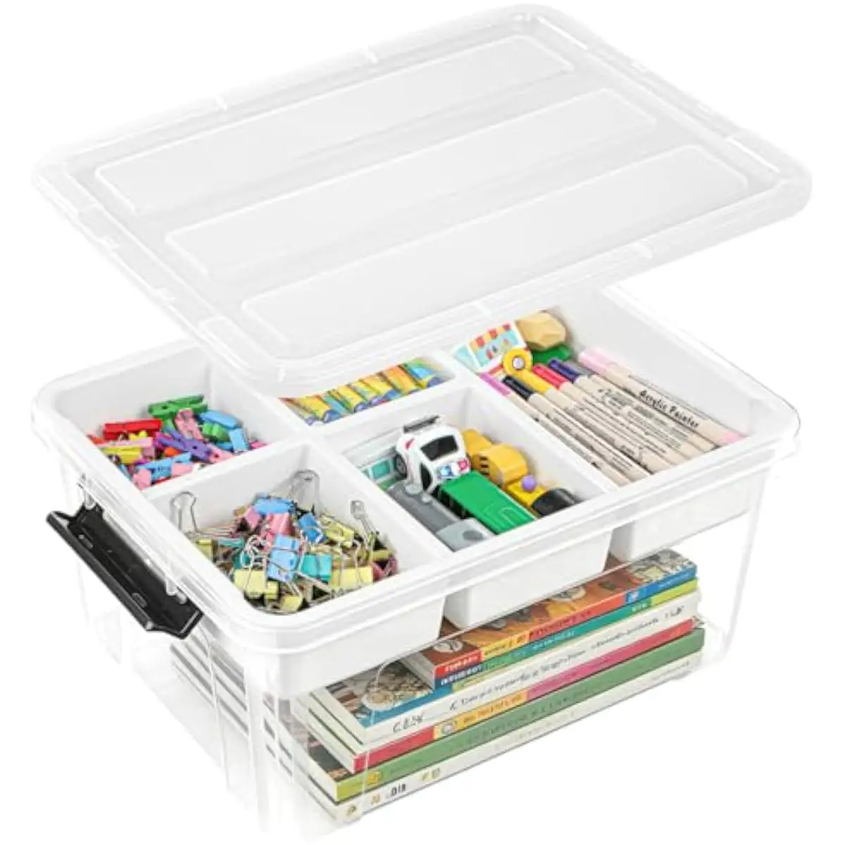 17 QT Transparent Craft Storage Bin Featuring Detachable Five-Segment Organizer Tray Modern Design Built-In Handle Durable BPA-F