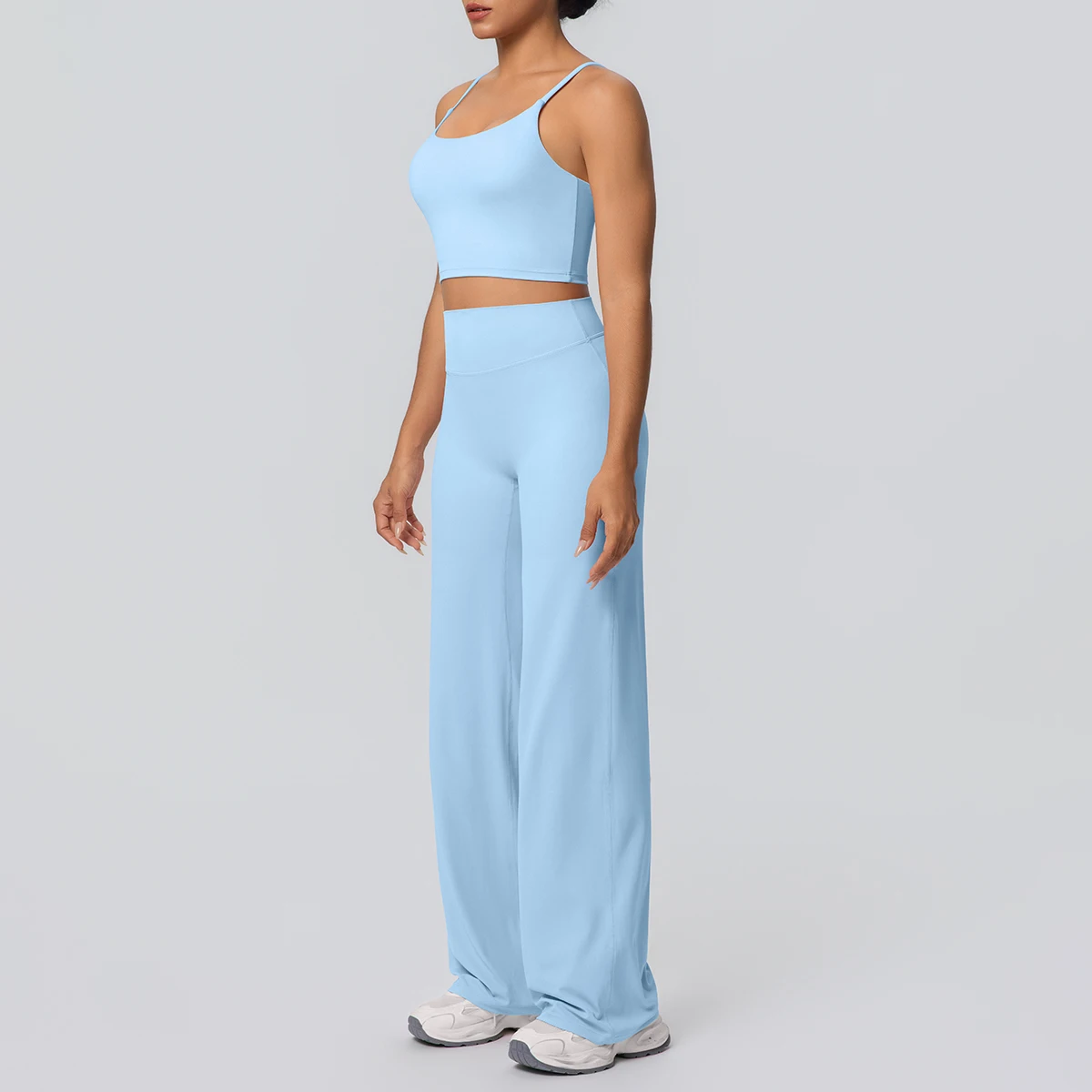 Women Quick Drying Gym Sports Fitness Clothing Yoga Set Backless Sexy Strap Bra with Chest Pad High Waisted Wide Leg Pants Set