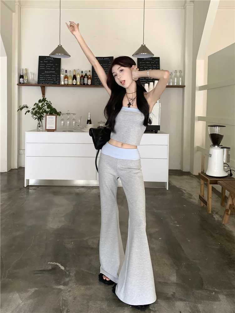 2024 New Temperament Fashion Gyaru Set Women Summer Contrast Color Tube Top Vest Slightly Flared Trousers Two-piece Set Fashion