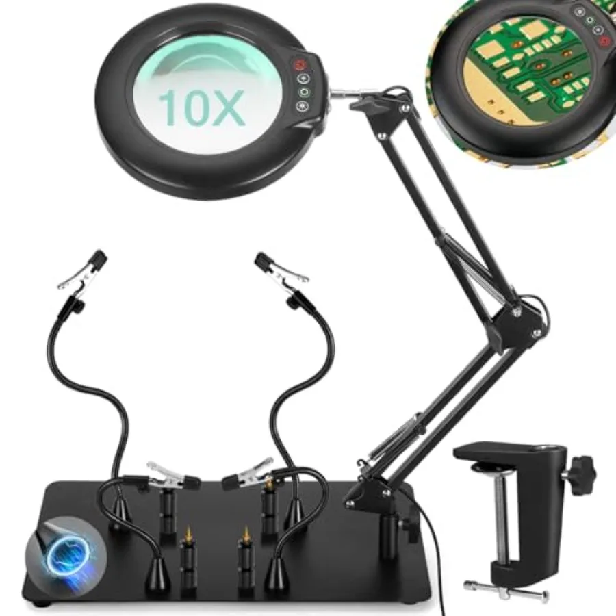 

Helping Hands Soldering Station, Magnifying Glass with light, 4 Magnetic PCB Holder Arms, 4 Magnetic Pillars Magnifier, Third H