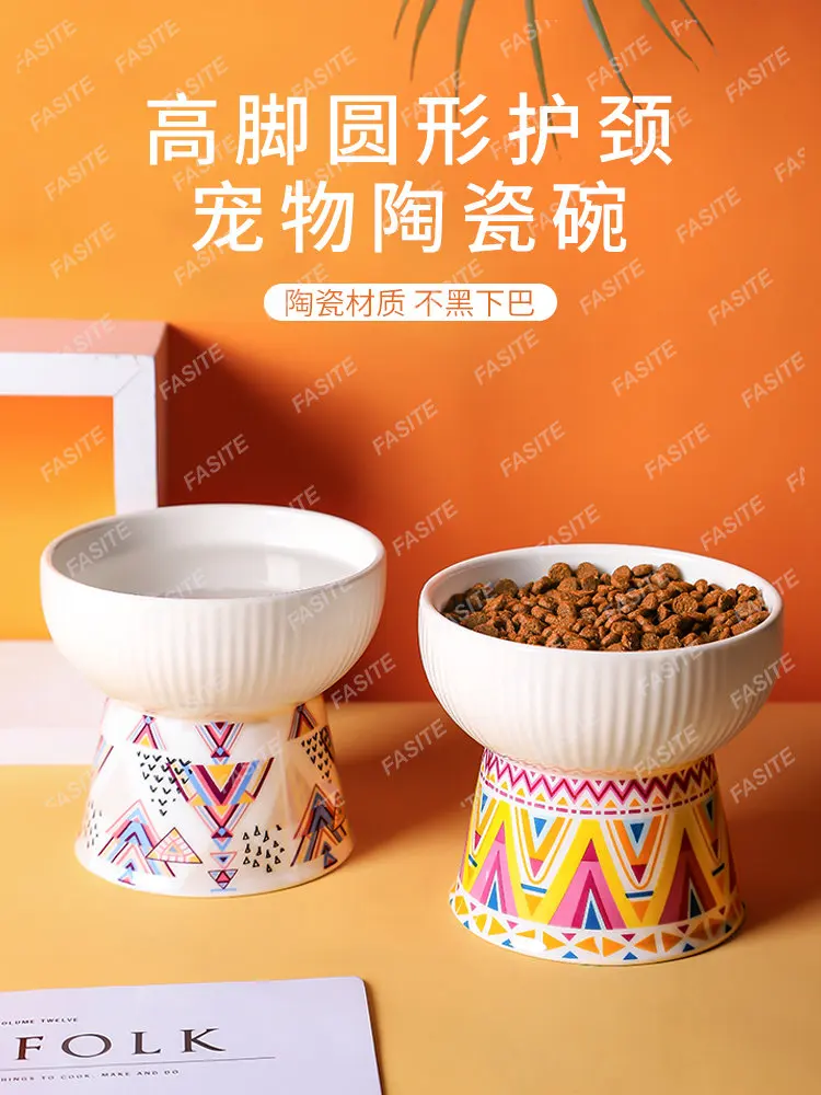 Cat Bowl ceramic anti-knock-over-high double bowl food bowl dog bowl cat drinking bowl protection