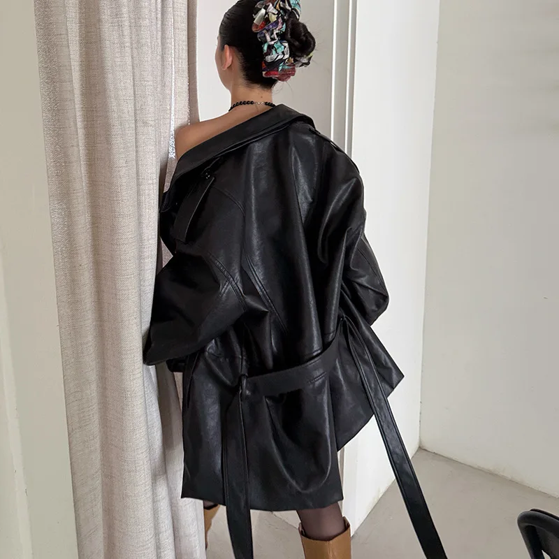 Stylish Streetwear Jacket with Large Lapels Metallic Thread Double Breasted Mid Length Tied Waist Design