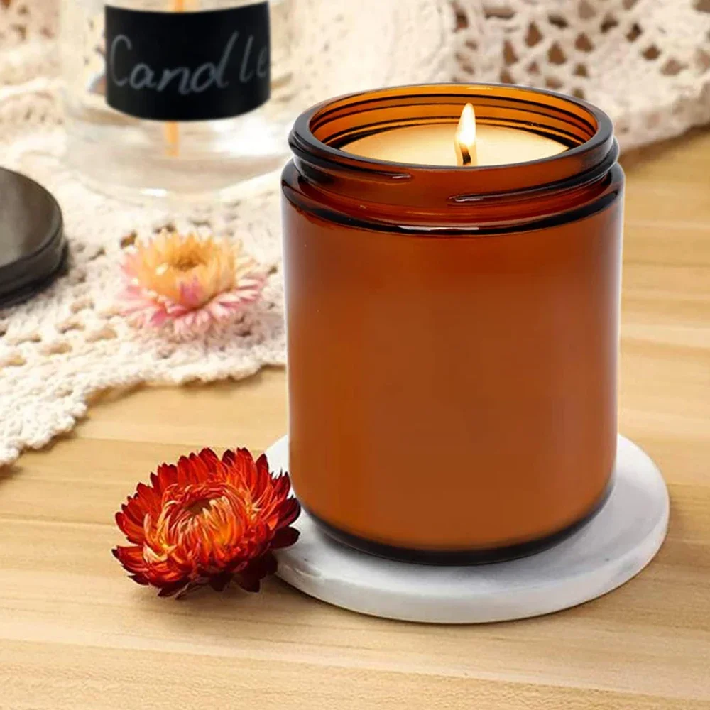 20oz Amber Candle Jars ,Round Glass Jars with Black Lids,Empty 250ml Glass Candle Making Jars Bulk Thick Small Food Storage