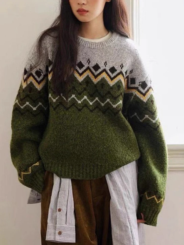 

Korean Vintage Pullovers Long Sleeve Jacquard Contrast Color Casual Loose Sweaters 2025 New Knit Tops All Match Women's Clothing