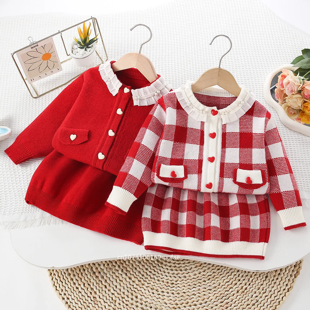 girls'-sweater-set-autumn-winter-new-red-western-knitted-sweater-skirt-korean-edition-trendy-children-clothing-sets