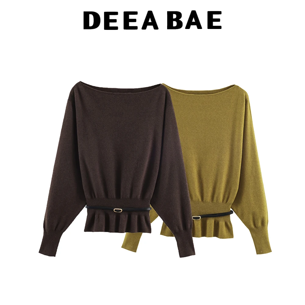 DEEABAE Winter neuer Damenbekleidungsstil, einfacher, langärmeliger, ein geschnittener Kragen mit Gürtel, Strickpullover