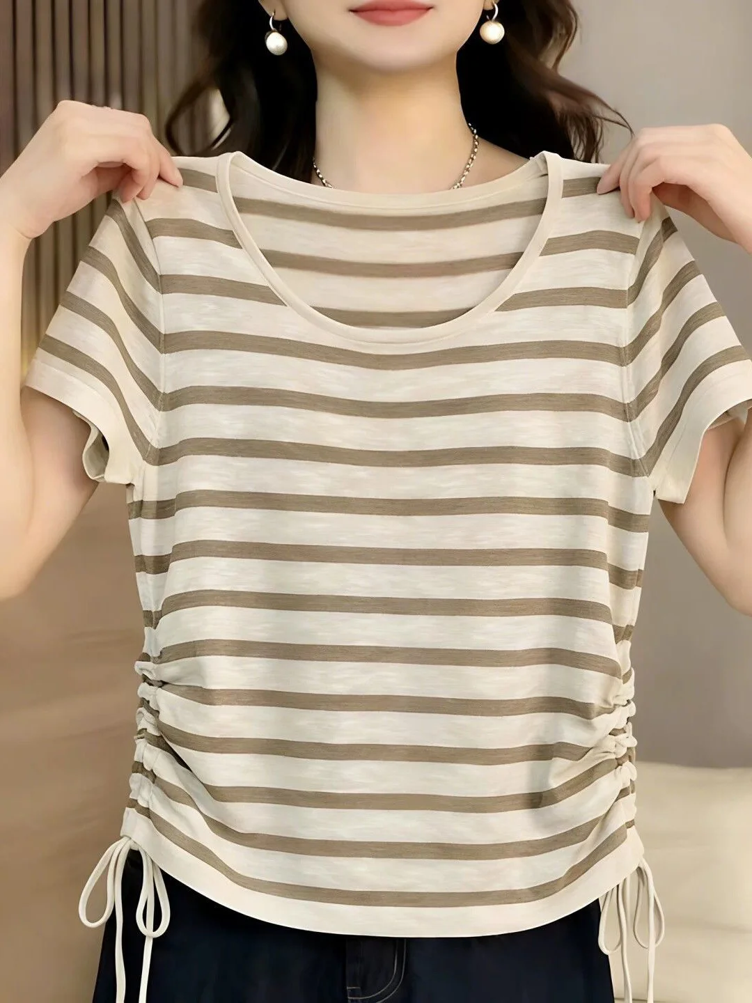 Summer Stripe Short Sleeve T-Shirt Women's plus Size Cover Belly Slimming Korean Style Casual Loose Fit Breathable Top