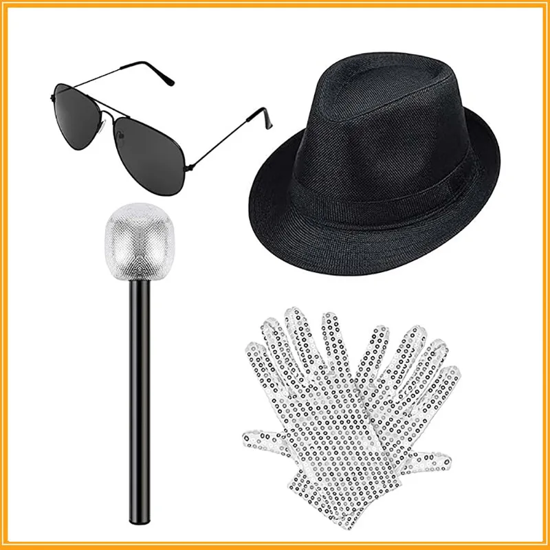 Accessori per costumi Pop King Jackson Cappello Fedora Occhiali da sole e microfono per la festa di cosplay di Halloween a tema Rocky anni '80