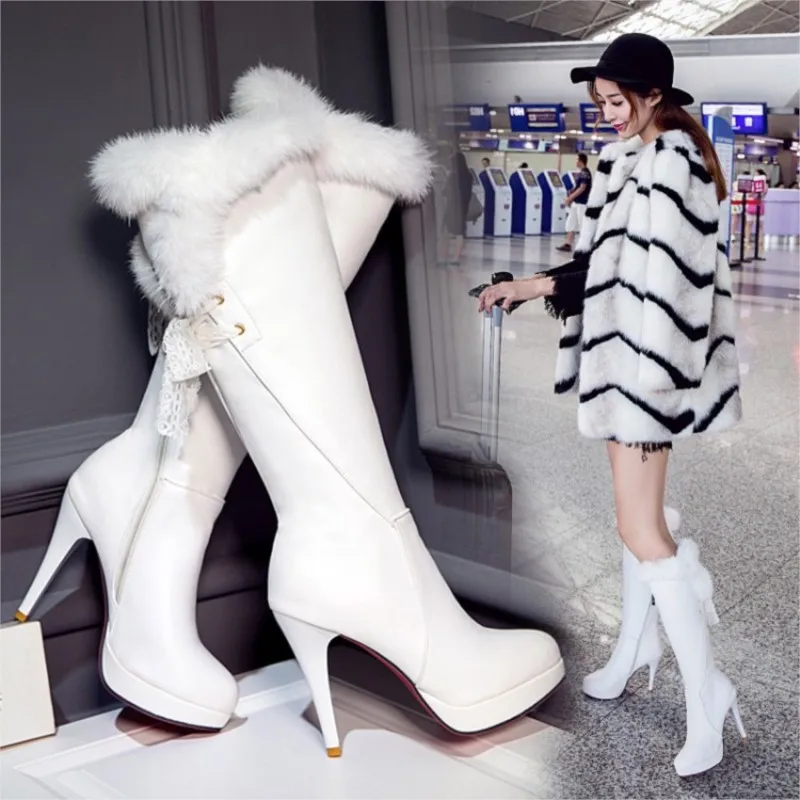 Cuissardes longues en daim pour femmes, bottes à plateforme, chaussures compensées en H, talons hauts, fourrure, printemps, hiver