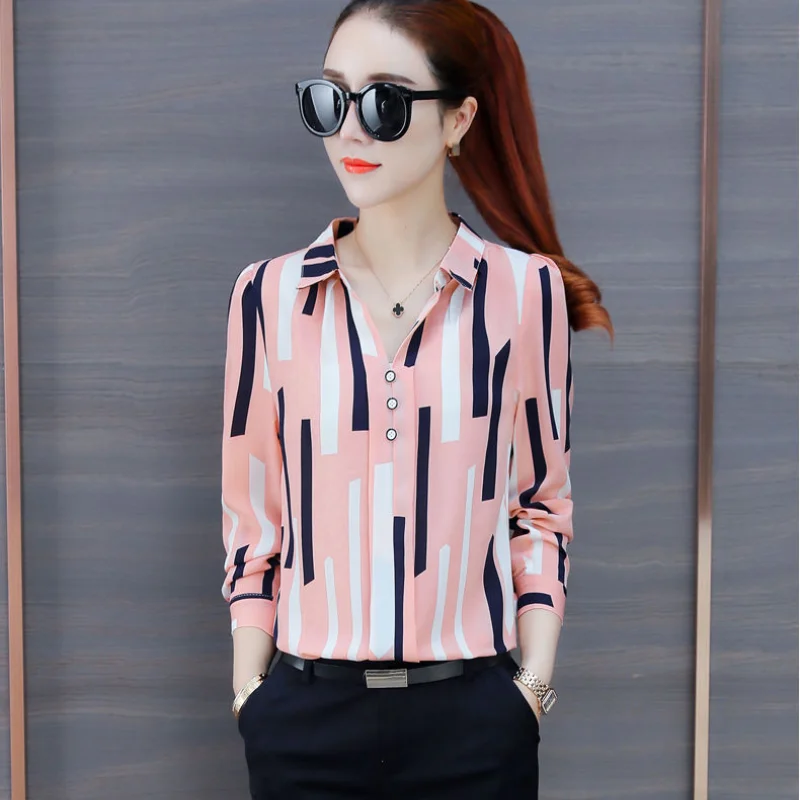 2023 New Women\'s Clothing Shirt Polo-Neck Long Sleeve Office Lady Commuter Fashion Stylish Printed Button Geometric Blouse