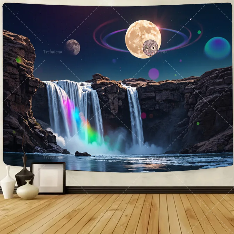 

1pc Wall Tapestry "Galactic Waterfall Tapestry - Cosmic Moon Scene with Rainbow Glow"