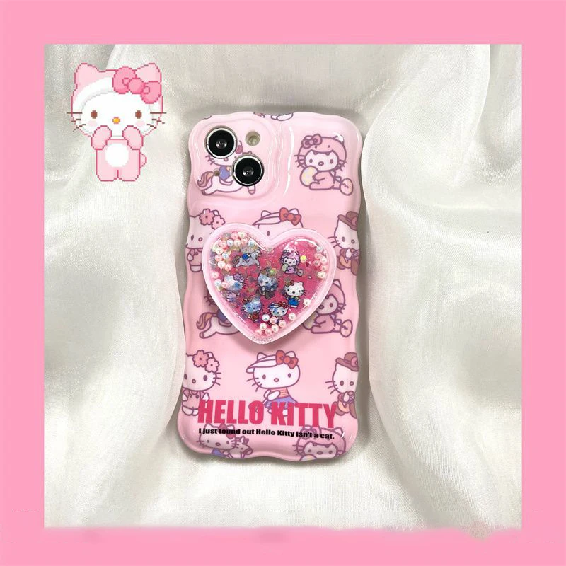 

Sanrio Kawaii Anima Hello Kitty Anti-Fall Mobile Phone Case Cute Sweet Cartoon Quicksand Phone Stand Lovely Gifts for Girls