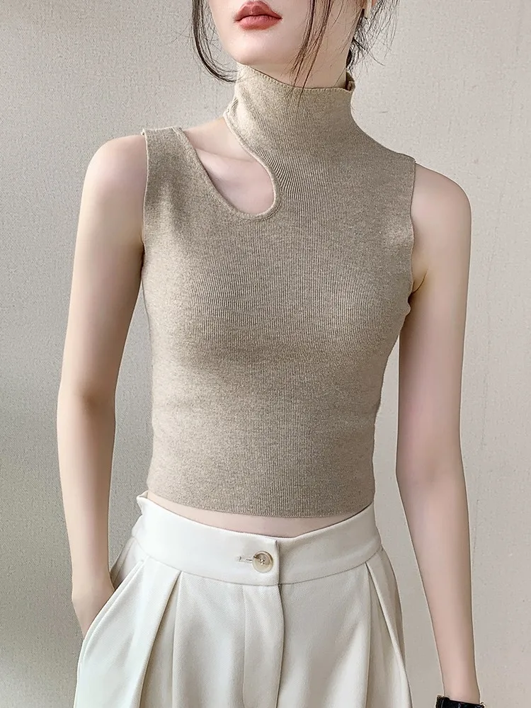 

Женский вязаный свитер, летние весенние пуловеры, майка, тонкий однотонный топ без рукавов с полувысоким воротником, женская одежда, топ