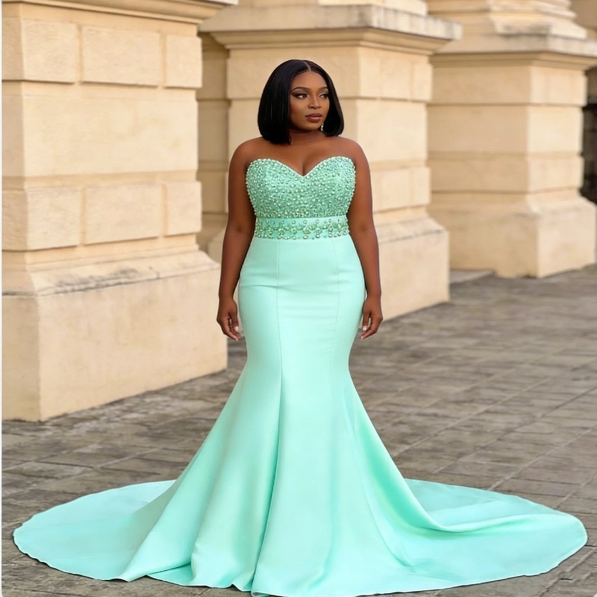 

Elegance African Mint Beaded Evening Dresses Plus Size Mermaid Wedding Second Dress Black Women Formal Party Dresses Asoebi Gown