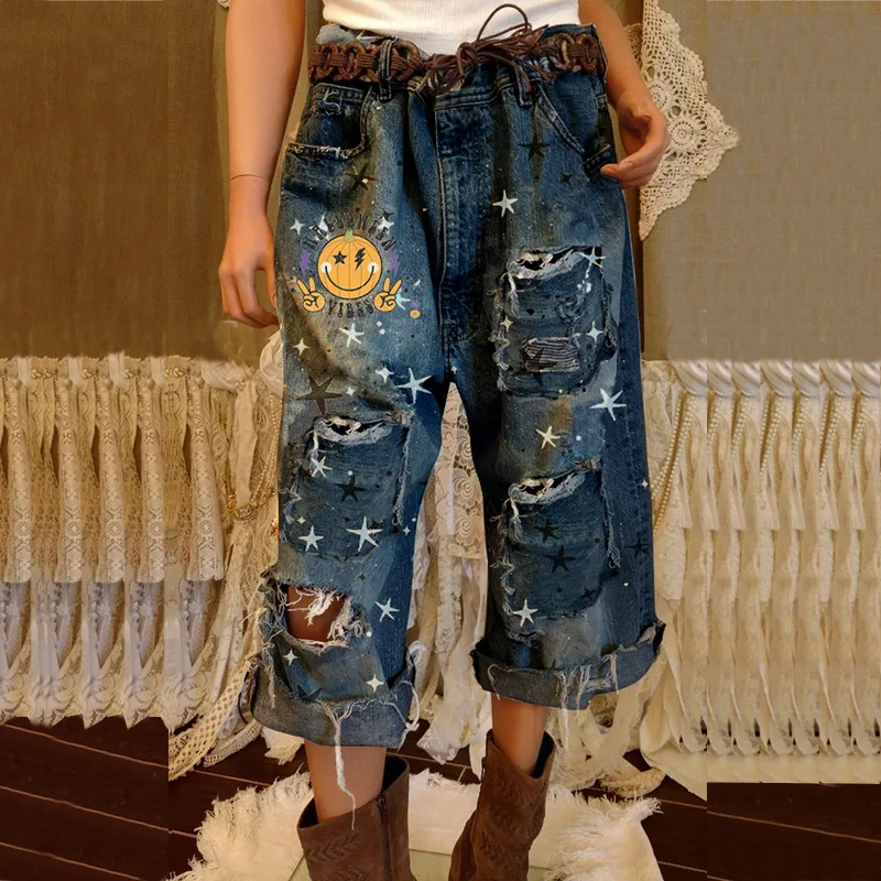 Women's Jeans 2024 Spring And Autumn New Broken Design Printed Wide Leg Casual Large Size Nine-Minute Pants