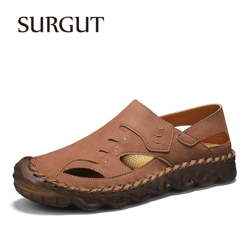 SURGUT Summer Men's Sandals Closed Toe Hollow Breathable All Day Comfort Vintage Casual Big Size 38-48
