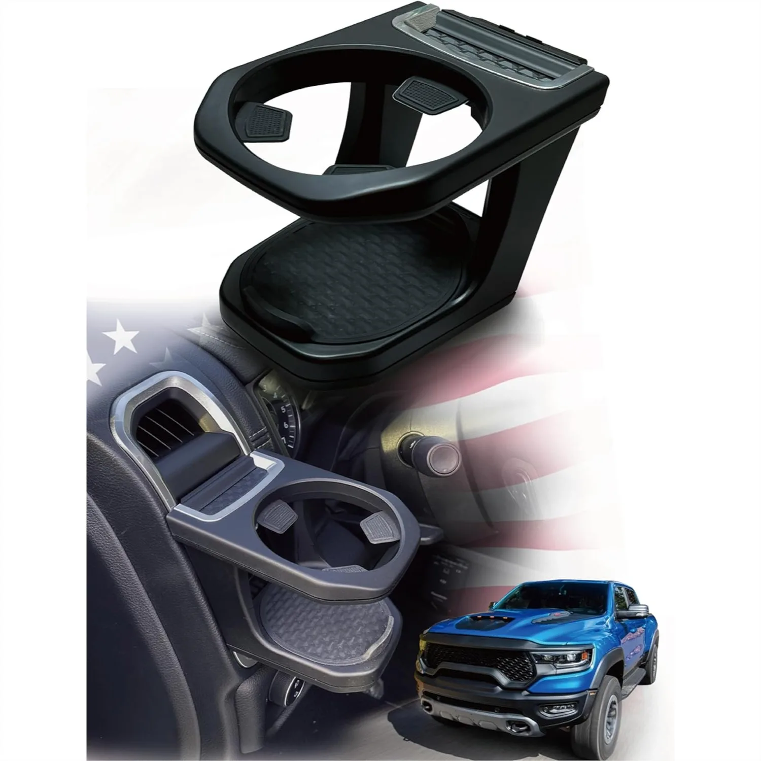 

RAM 1500 2500 3500 Vent Cup Holder Mount for 42oz Tumbler, Removable Silicone Coaster, Easy Lock Installation, 2019+