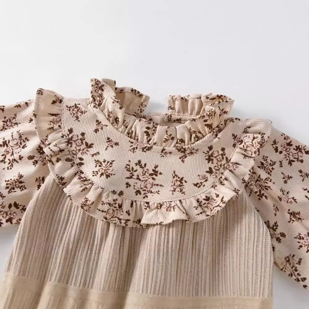 فستان أطفال كوري جديد للربيع والخريف، مرقع بالزهور الكاكي، غطاء سفلي، ياقة واقفة، ملابس زحف مثلثة للأطفال #4