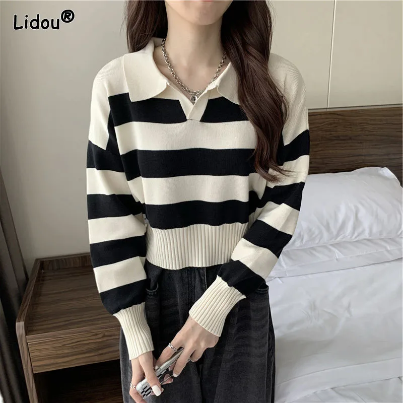 Spring Summer Turn-down Collar Striped Loose Pullovers Spliced Thin Medium Strech Office Lady Women's Clothing Skin Friendly