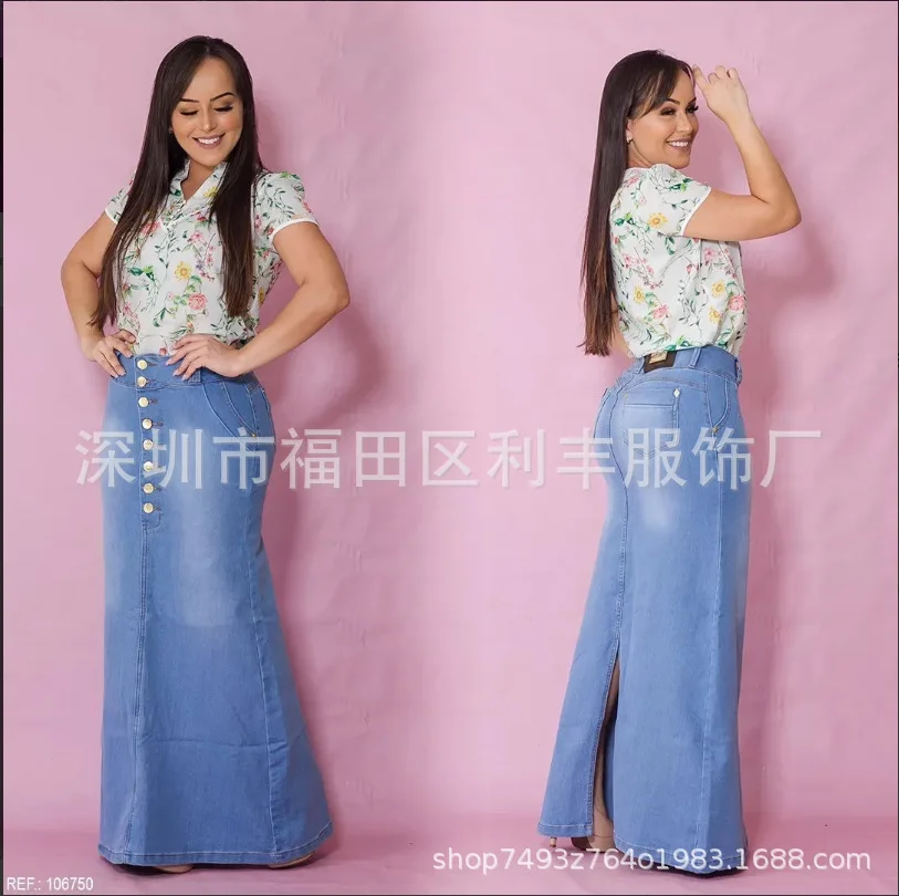 Women's Bodycon Slim Denim Maxi Dresses High Quality Stretchy Long Skirts
